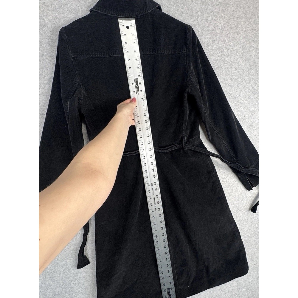 Stradivarius Black Corduroy Trench Coat Belted Goth Academia L VTG Button Up - Picture 12 of 16